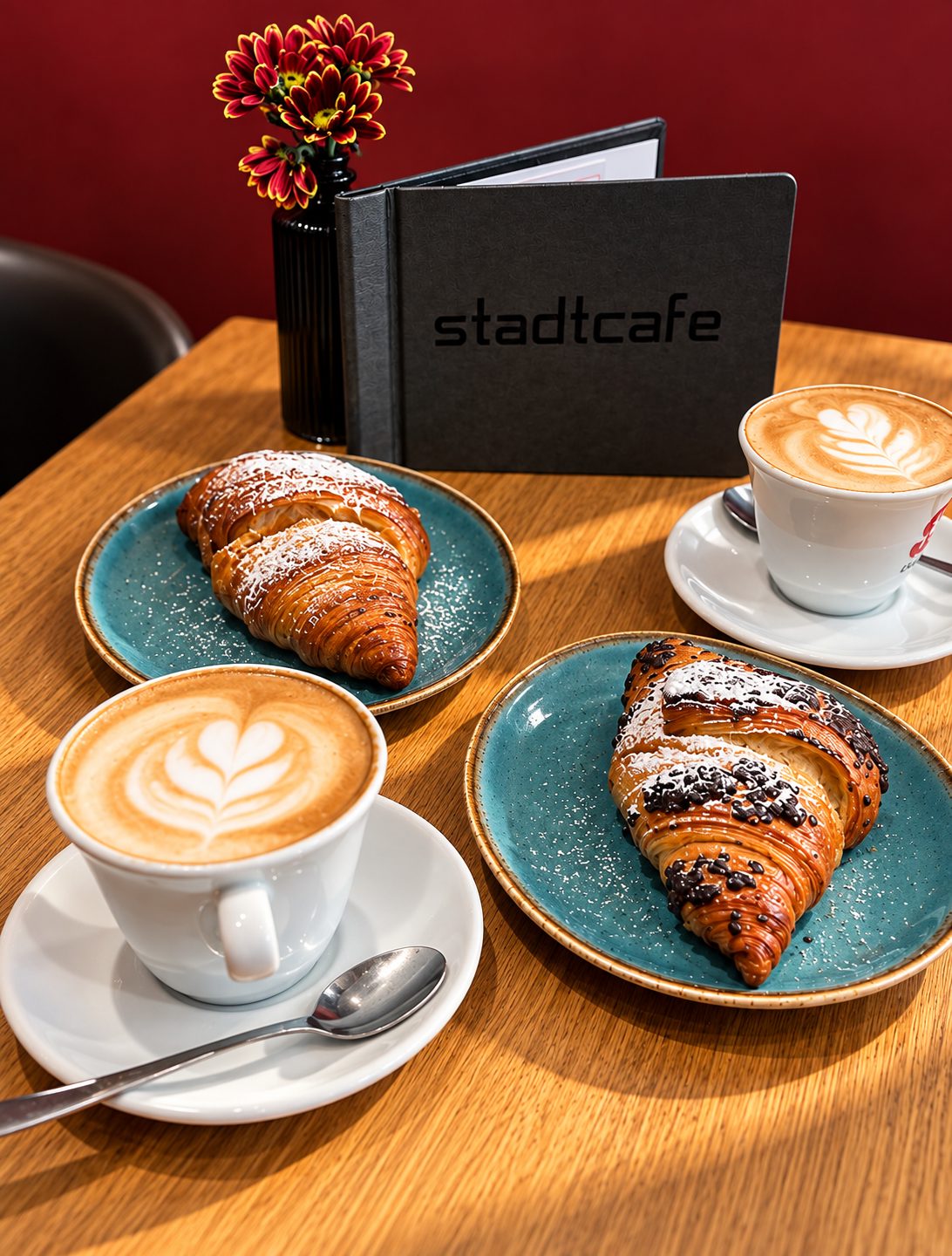 Zwei Cappuccini mit Latte Art und zwei Croissants mit Staubzucker auf blauen Tellern, dahinter die Karte des Stadtcafés