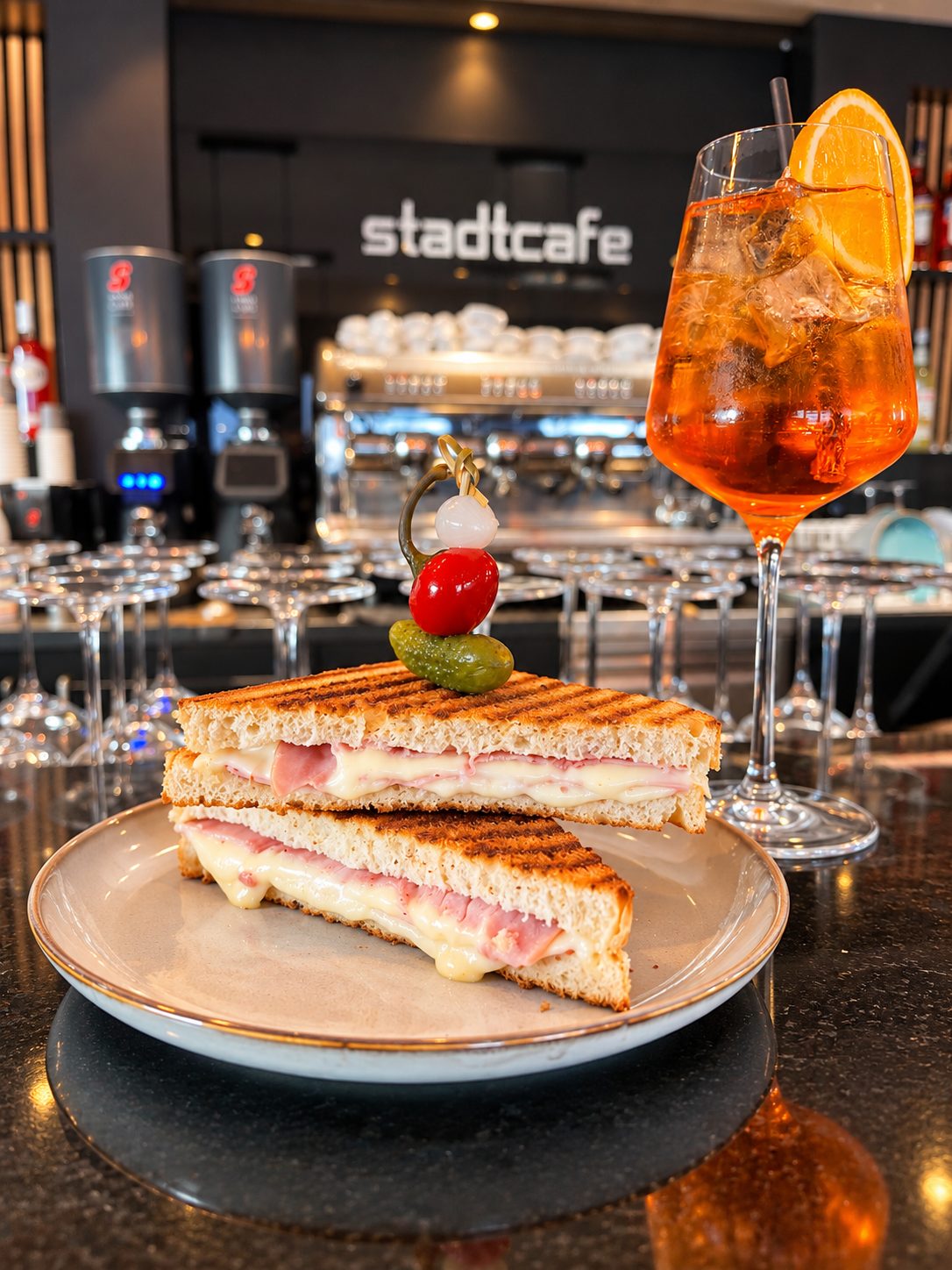 Ein Spritz mit Orangenscheibe auf der Theke, davor ein Schinken-Käse-Toast, dahinter die Espressomaschine unter dem Schriftzug „stadtcafe“