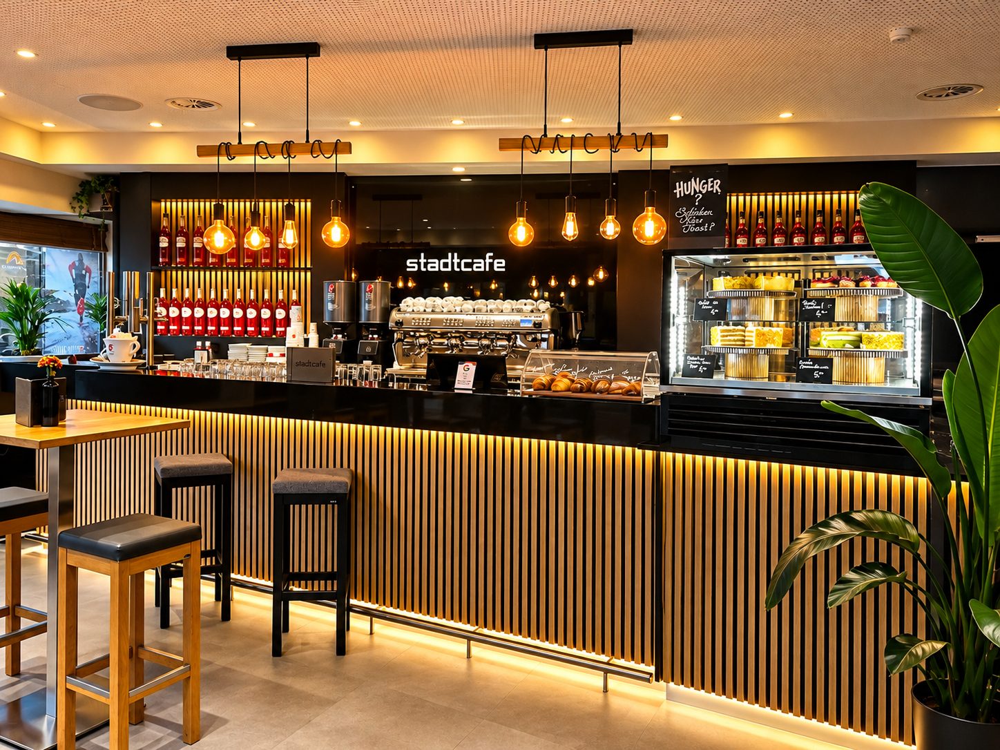 Die Theke des Stadtcafés mit beleuchteten Eichenlamellen, Barhockern und Edison-Birnen, dahinter die Espressomaschine unter dem Schriftzug