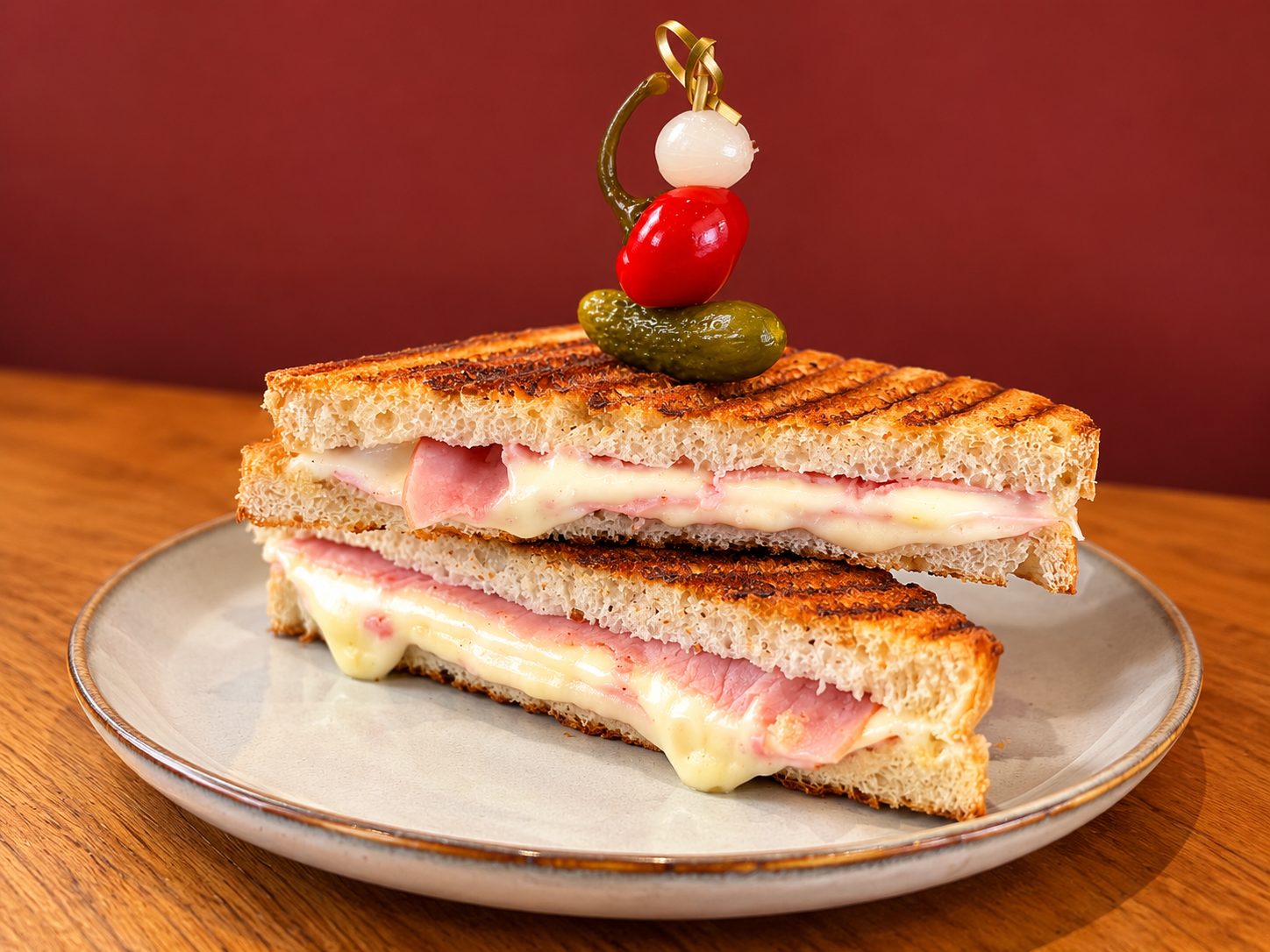 Schinken-Käse-Toast mit zerlaufenem Käse, obenauf ein Spieß mit Cocktailtomate, Perlzwiebel und Essiggurke