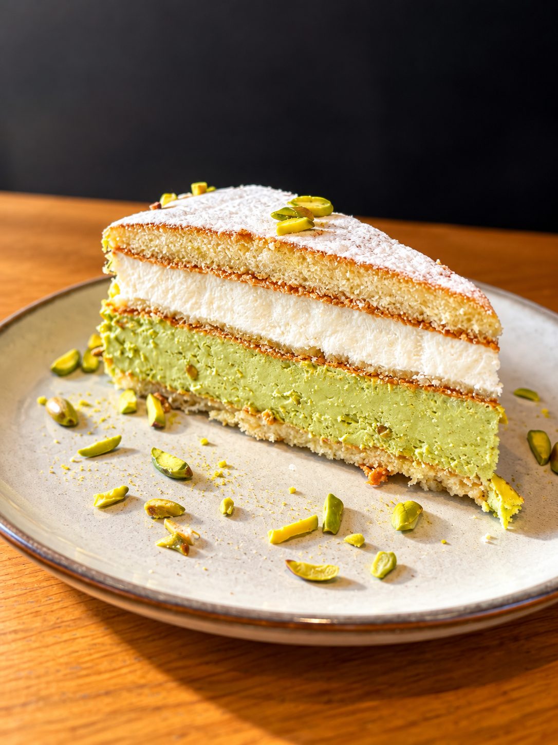 Ein Stück Pistazientorte mit hellem Biskuit und Creme, bestreut mit gehackten Pistazien