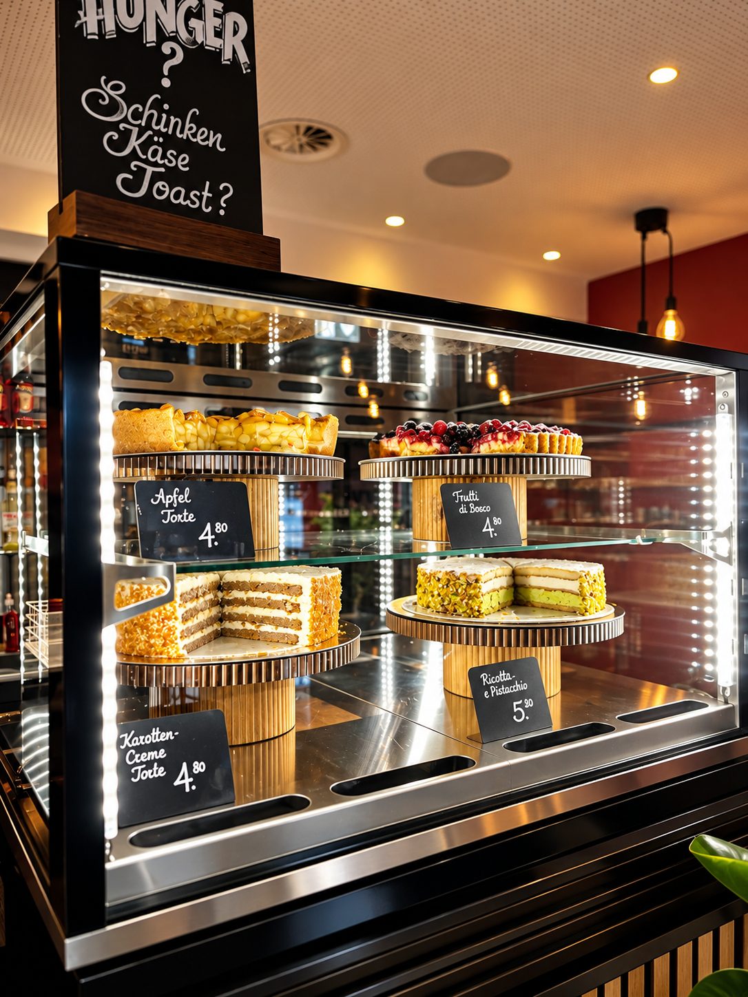 Die Vitrine des Stadtcafés mit Torten auf Holzetageren, darüber die Tafel „Hunger? Schinken Käse Toast?“